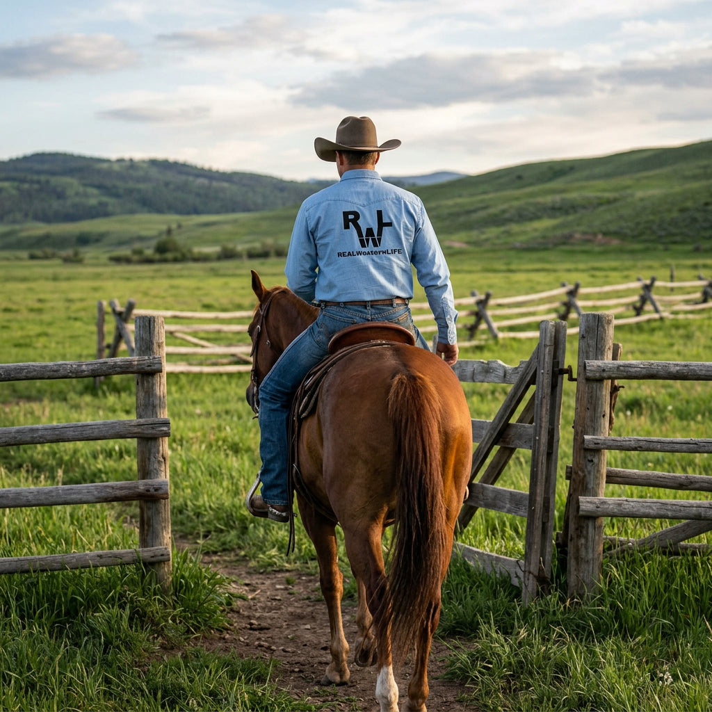 Real Western Life Denim Long Sleeve Shirt — RWL Brand Front, Back & Sleeve