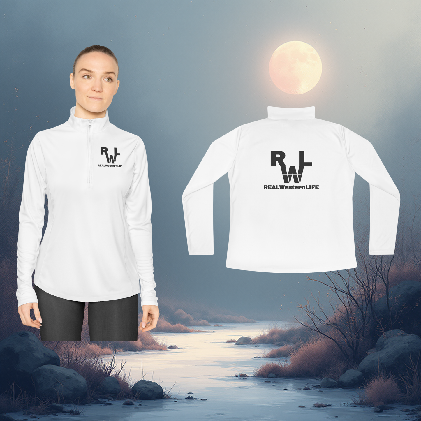 Ladies Quarter-Zip Pullover.  Customize with your Brand/Ranch name or leave it Real Western Life (RWL) Branding - Black Brand - SX - 3XL