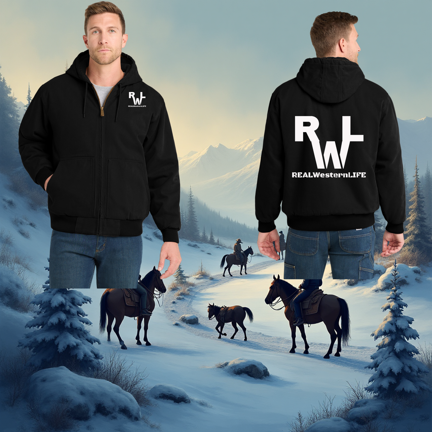 Duck Cloth Work Hoodie Zip Jacket -Customize with your own Brand/Ranch name or wear Real Western Life Branding - Black Brand - Size XS - 2XL