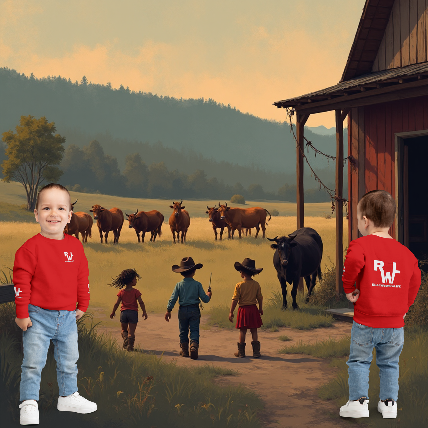 Toddler Sweatshirt Kids - Customize with your own Brand/Ranch name or wear with Real Western Life (RWL) Branding - White Branding, Size - 2T - 7T