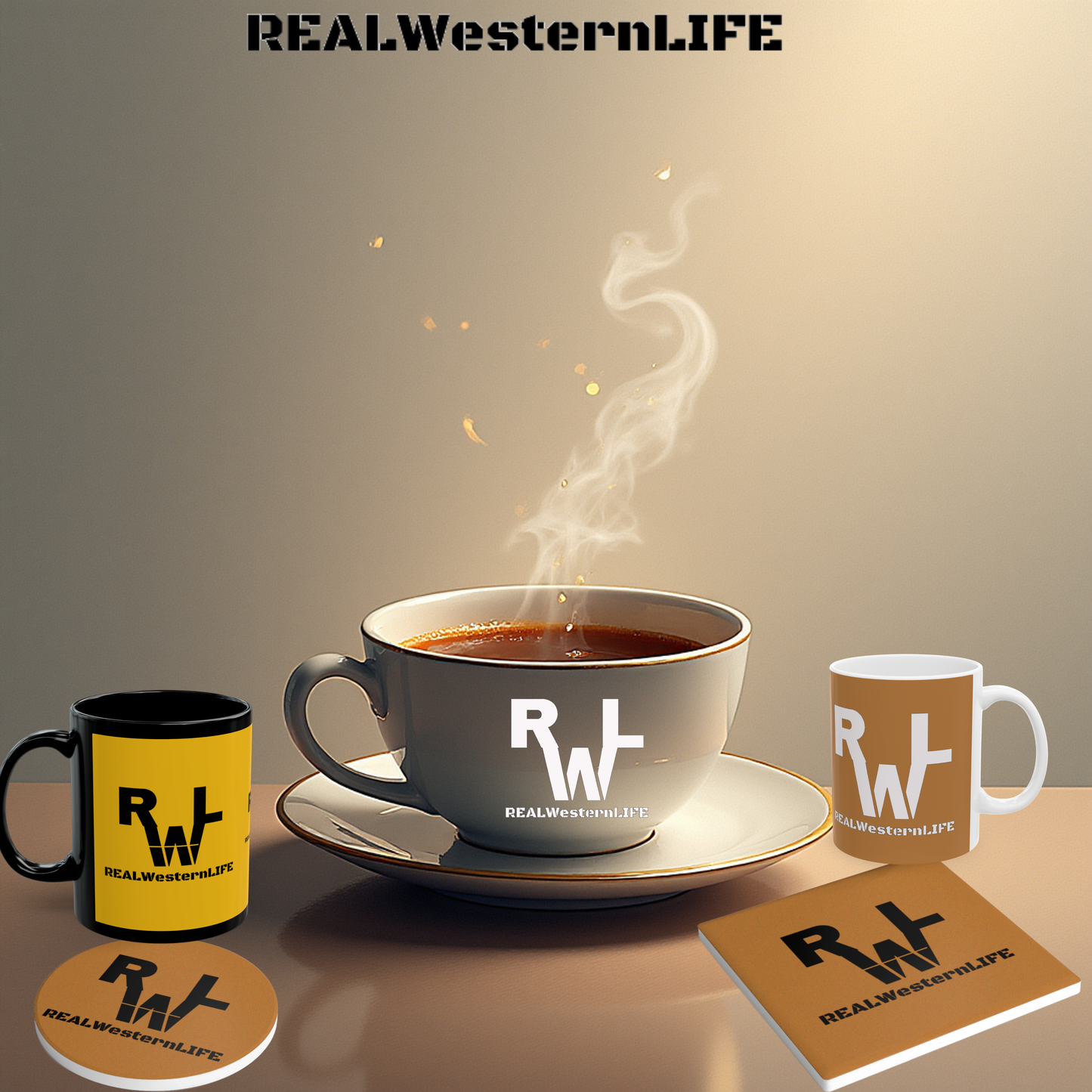 Ceramic Coaster —  Drink Coaster (Tan & Black) - Customize with your own Brand/Ranch name or leave it RWL Branding