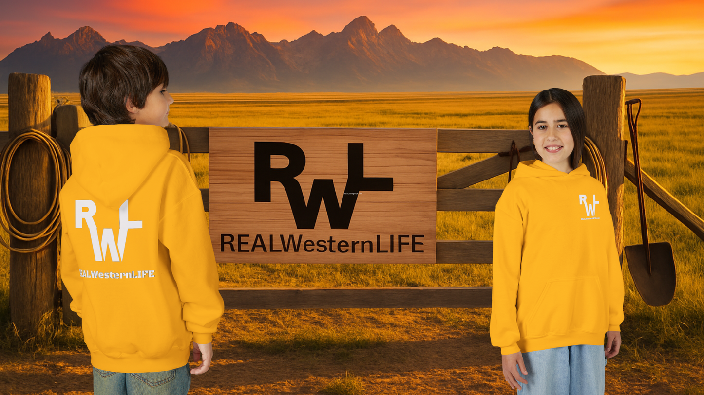 Kids Hooded Sweatshirt - Customize with your own Brand/Ranch name or wear Real Western Life Branding - White Brand - Size S - M