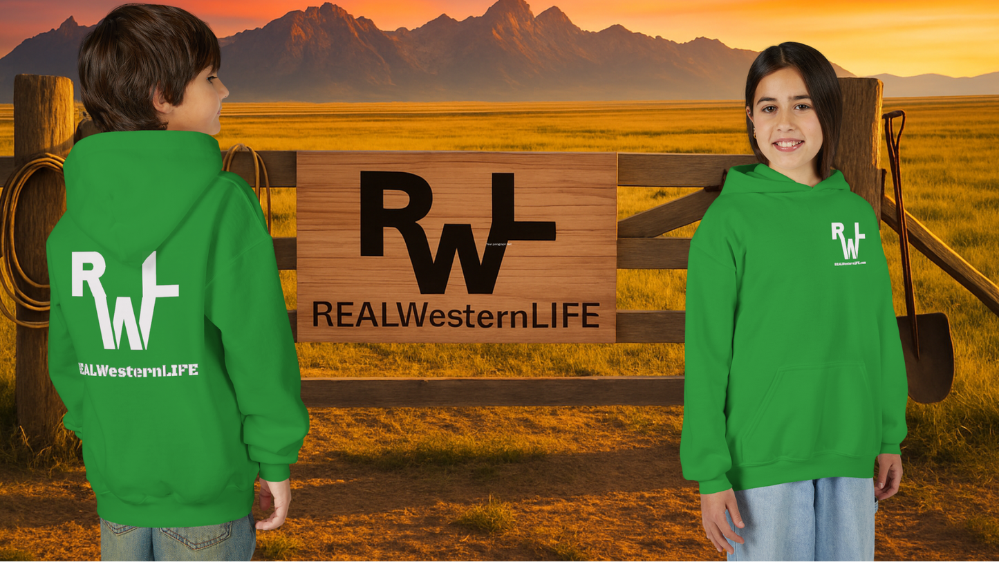 Kids Hooded Sweatshirt - Customize with your own Brand/Ranch name or wear Real Western Life Branding - White Brand - Size S - M