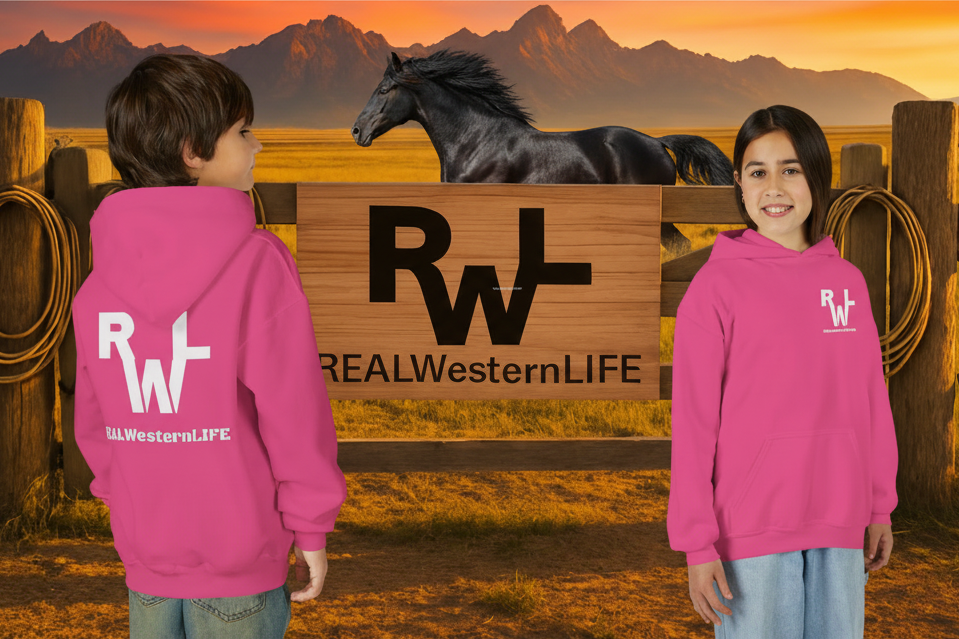 Kids Hooded Sweatshirt - Customize with your own Brand/Ranch name or wear Real Western Life Branding - White Brand - Size S - M