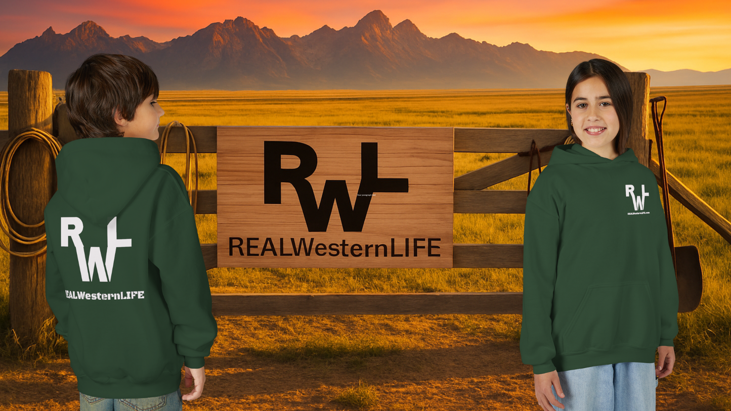 Kids Hooded Sweatshirt - Customize with your own Brand/Ranch name or wear Real Western Life Branding - White Brand - Size S - M