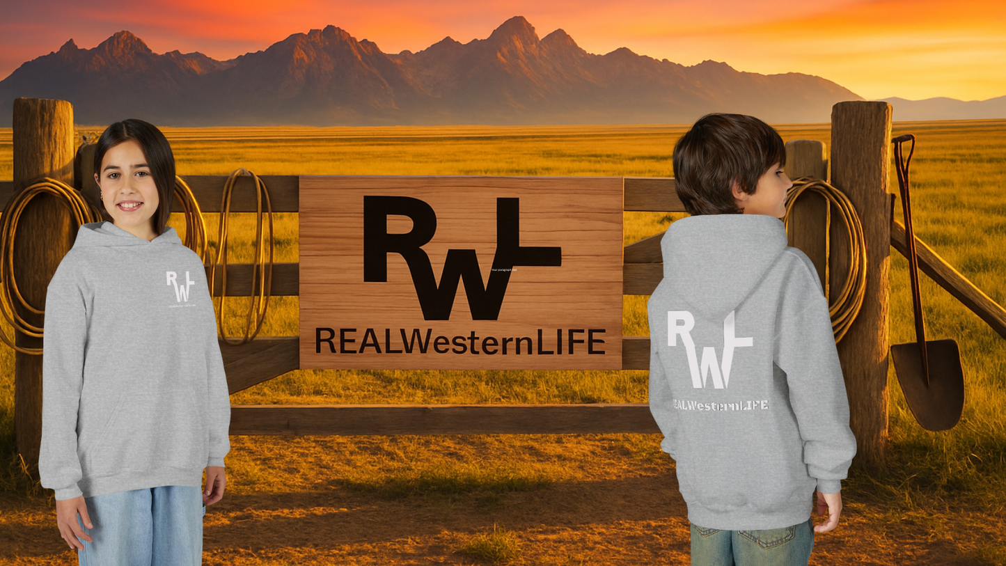 Kids Hooded Sweatshirt - Customize with your own Brand/Ranch name or wear Real Western Life Branding - White Brand - Size S - M
