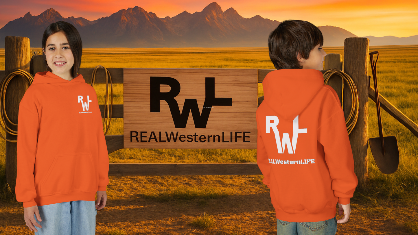 Kids Hooded Sweatshirt - Customize with your own Brand/Ranch name or wear Real Western Life Branding - White Brand - Size S - M