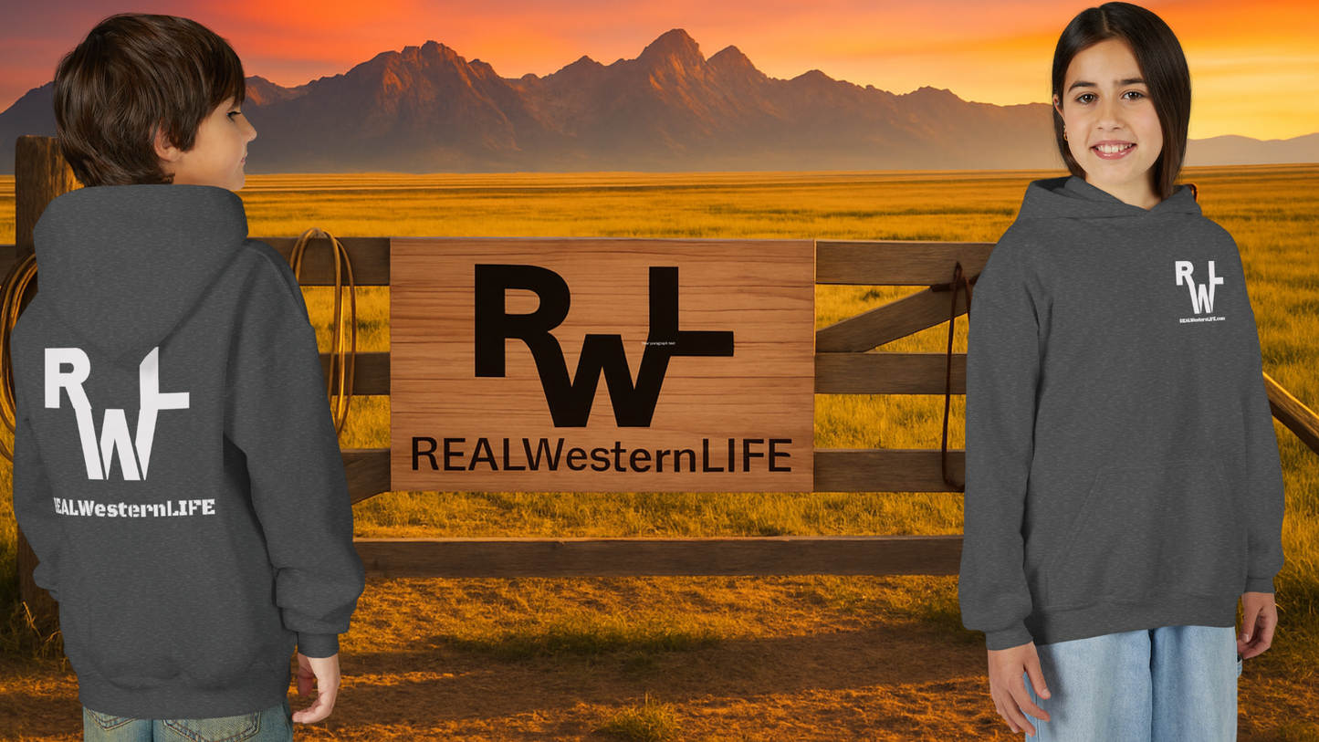 Kids Hooded Sweatshirt - Customize with your own Brand/Ranch name or wear Real Western Life Branding - White Brand - Size S - M