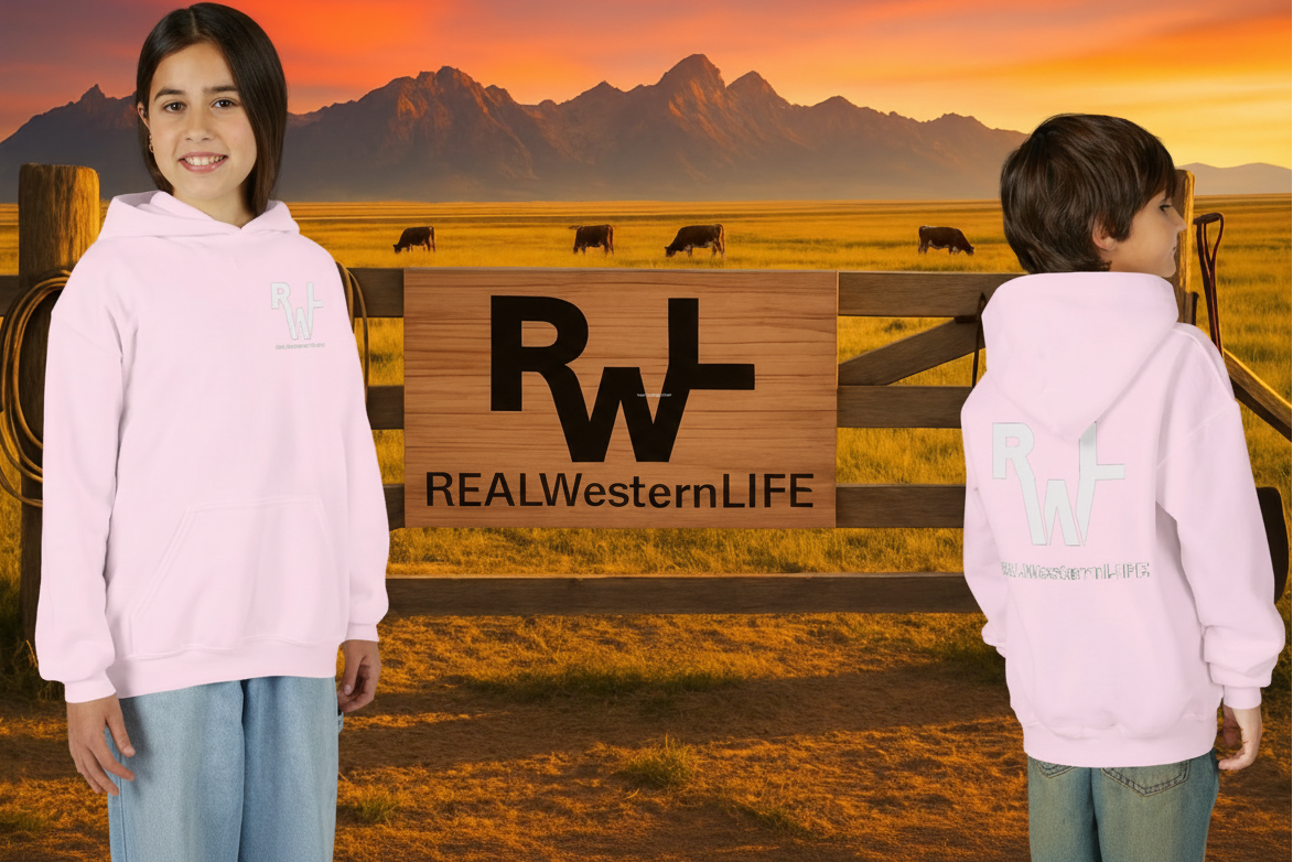 Kids Hooded Sweatshirt - Customize with your own Brand/Ranch name or wear Real Western Life Branding - White Brand - Size S - M