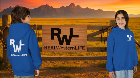 Kids Hooded Sweatshirt - Customize with your own Brand/Ranch name or wear Real Western Life Branding - White Brand - Size S - M