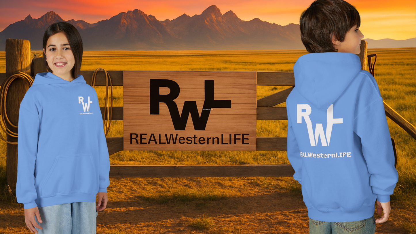 Kids Hooded Sweatshirt - Customize with your own Brand/Ranch name or wear Real Western Life Branding - White Brand - Size S - M