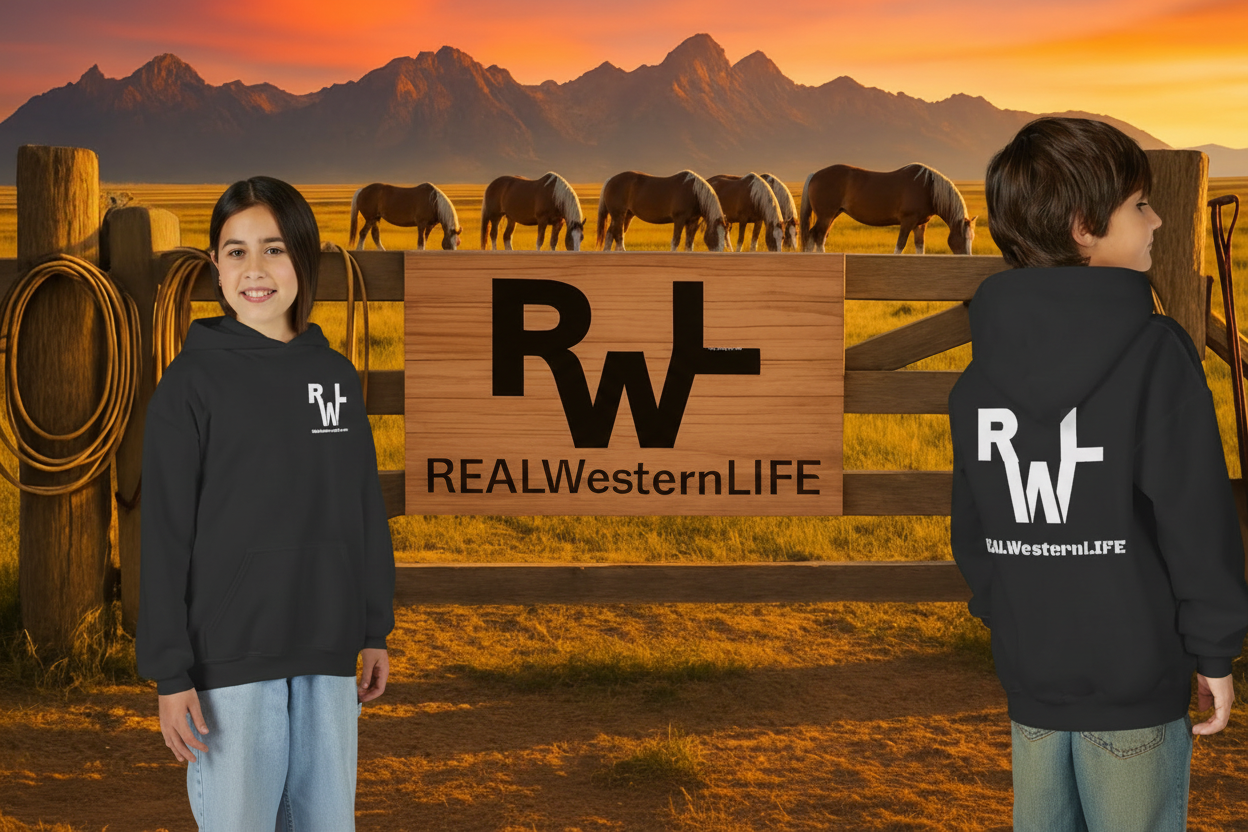 Kids Hooded Sweatshirt - Customize with your own Brand/Ranch name or wear Real Western Life Branding - White Brand - Size S - M
