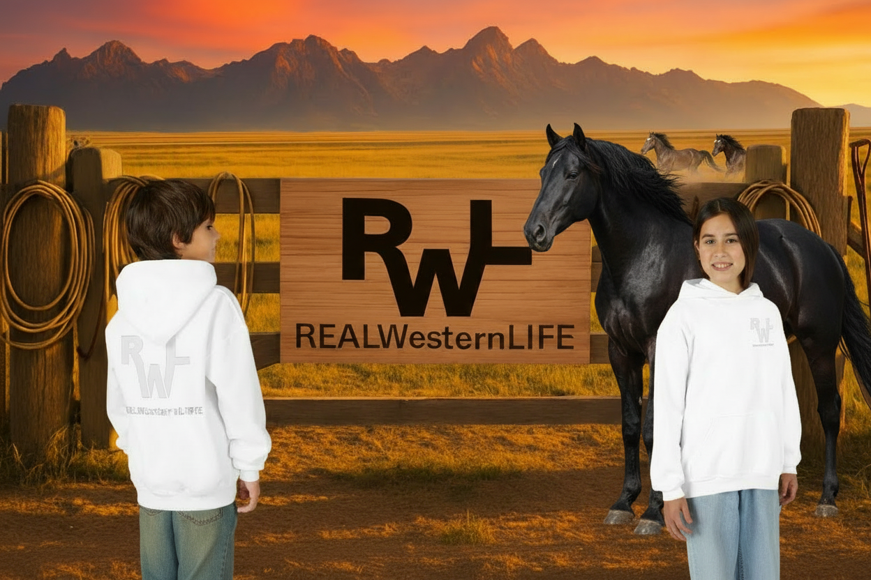 Kids Hooded Sweatshirt - Customize with your own Brand/Ranch name or wear Real Western Life Branding - White Brand - Size S - M