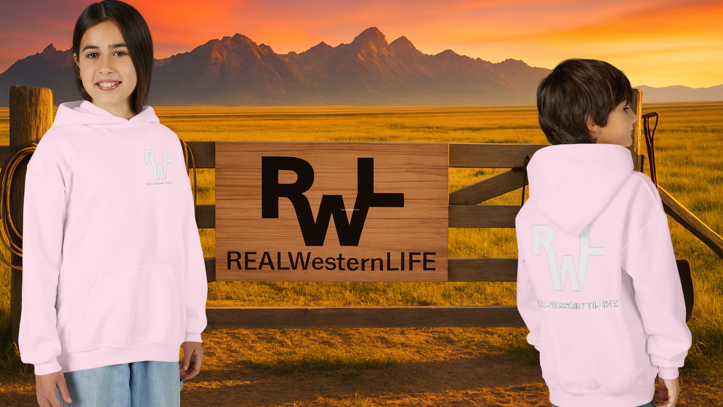 Kids Hooded Sweatshirt - Customize with your own Brand/Ranch name or wear Real Western Life Branding - White Brand - Size L - XL