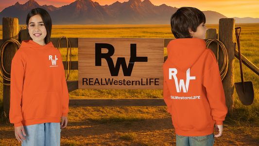 Kids Hooded Sweatshirt - Customize with your own Brand/Ranch name or wear Real Western Life Branding - White Brand - Size L - XL