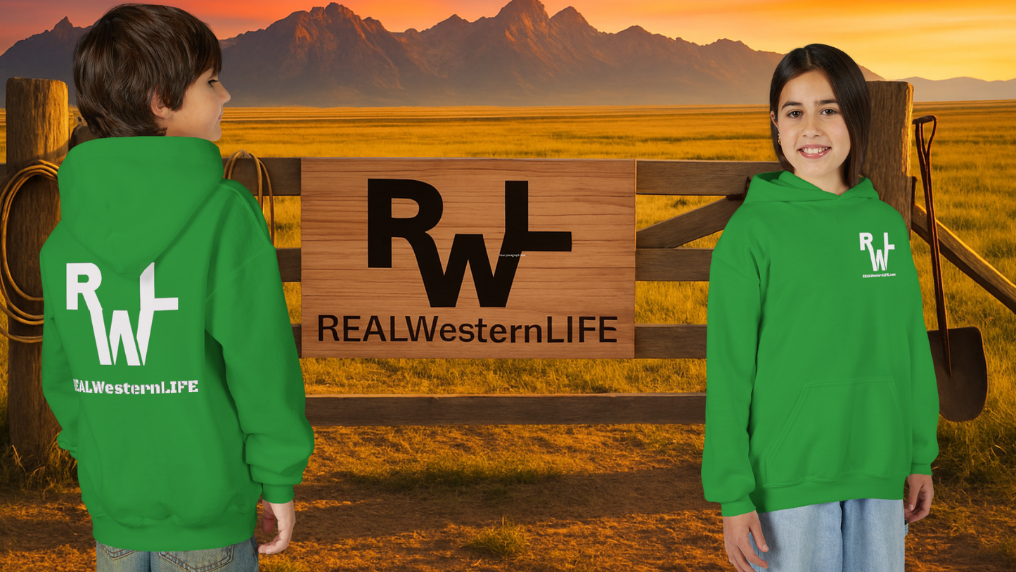 Kids Hooded Sweatshirt - Customize with your own Brand/Ranch name or wear Real Western Life Branding - White Brand - Size L - XL