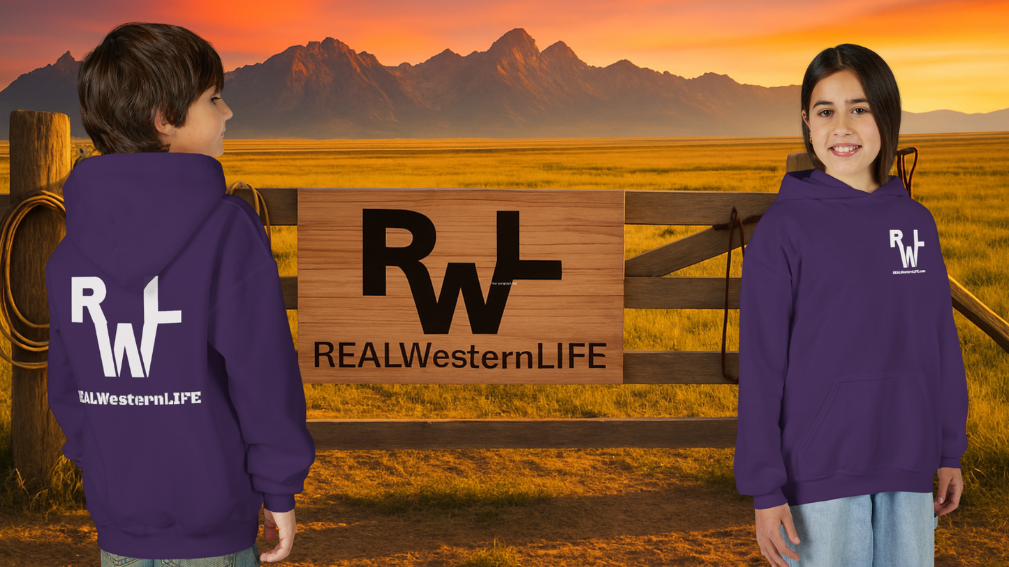 Kids Hooded Sweatshirt - Customize with your own Brand/Ranch name or wear Real Western Life Branding - White Brand - Size L - XL