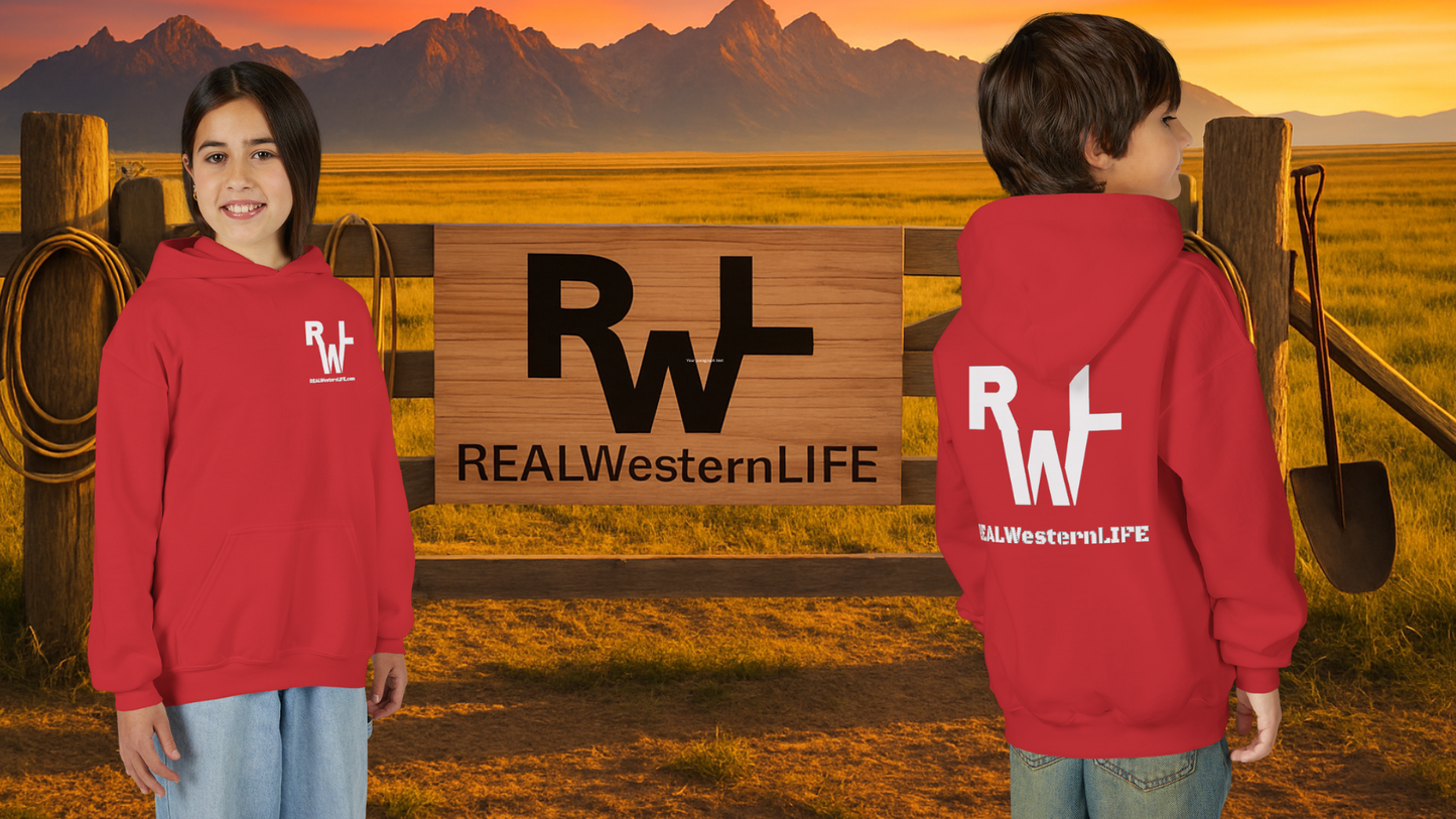 Kids Hooded Sweatshirt - Customize with your own Brand/Ranch name or wear Real Western Life Branding - White Brand - Size L - XL