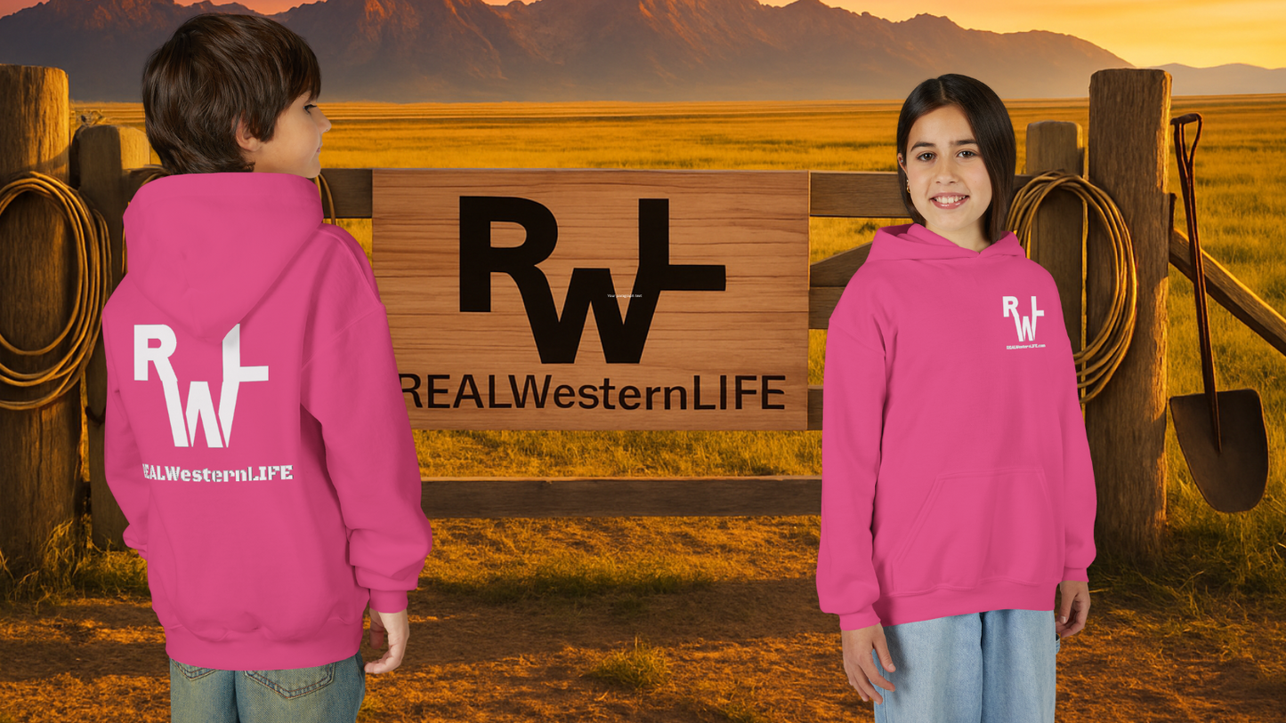 Kids Hooded Sweatshirt - Customize with your own Brand/Ranch name or wear Real Western Life Branding - White Brand - Size L - XL