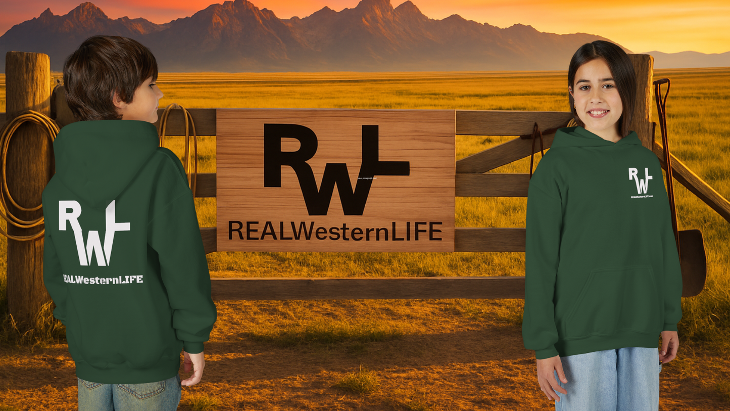 Kids Hooded Sweatshirt - Customize with your own Brand/Ranch name or wear Real Western Life Branding - White Brand - Size L - XL