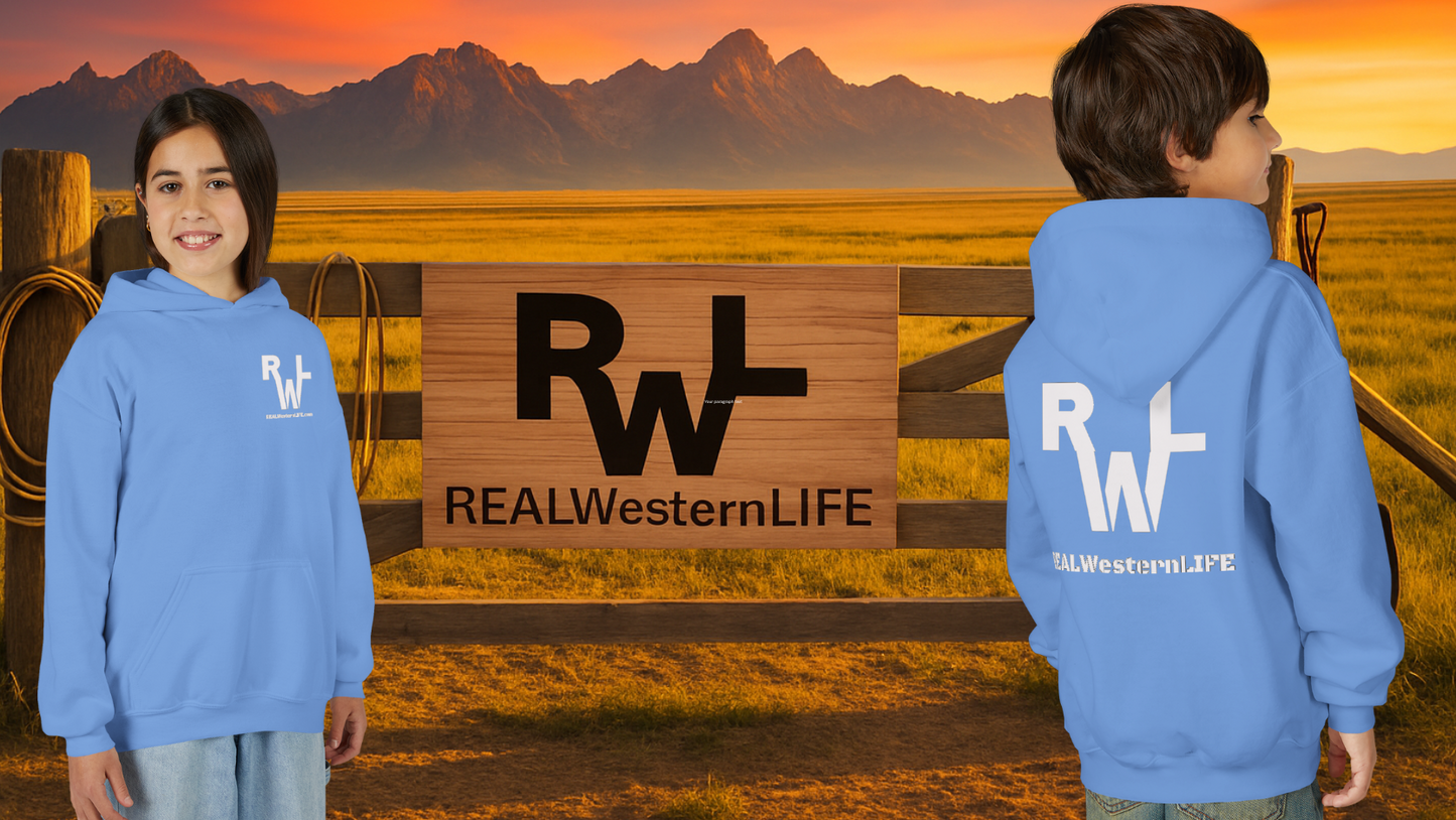 Kids Hooded Sweatshirt - Customize with your own Brand/Ranch name or wear Real Western Life Branding - White Brand - Size L - XL