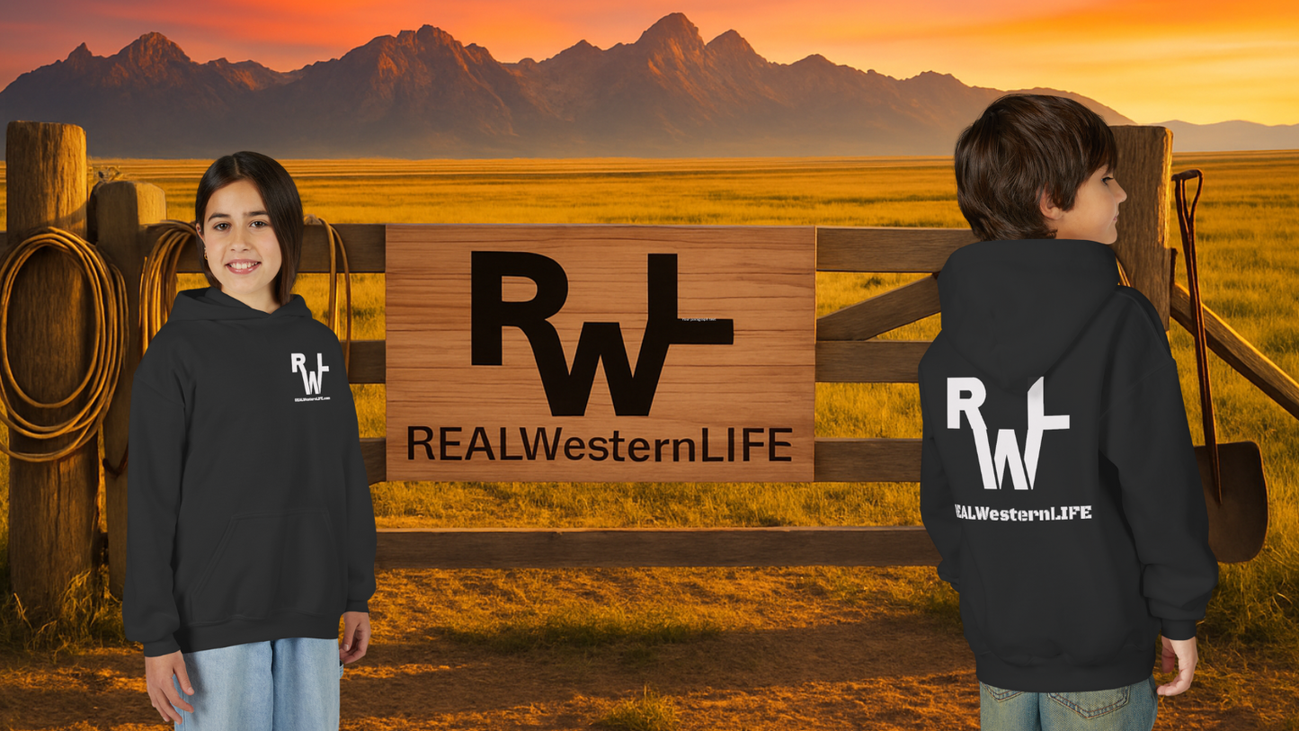 Kids Hooded Sweatshirt - Customize with your own Brand/Ranch name or wear Real Western Life Branding - White Brand - Size L - XL