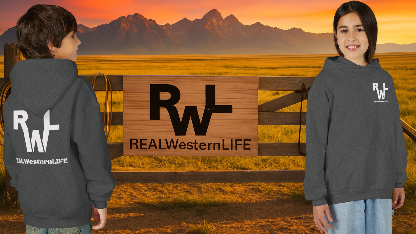 Kids Hooded Sweatshirt - Customize with your own Brand/Ranch name or wear Real Western Life Branding - White Brand - Size L - XL