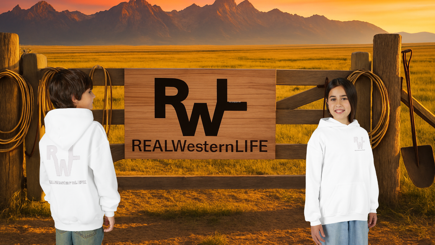 Kids Hooded Sweatshirt - Customize with your own Brand/Ranch name or wear Real Western Life Branding - White Brand - Size L - XL
