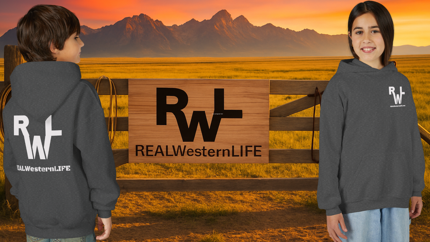 Kids Hooded Sweatshirt - Customize with your own Brand/Ranch name or wear Real Western Life Branding - White Brand - Size L - XL
