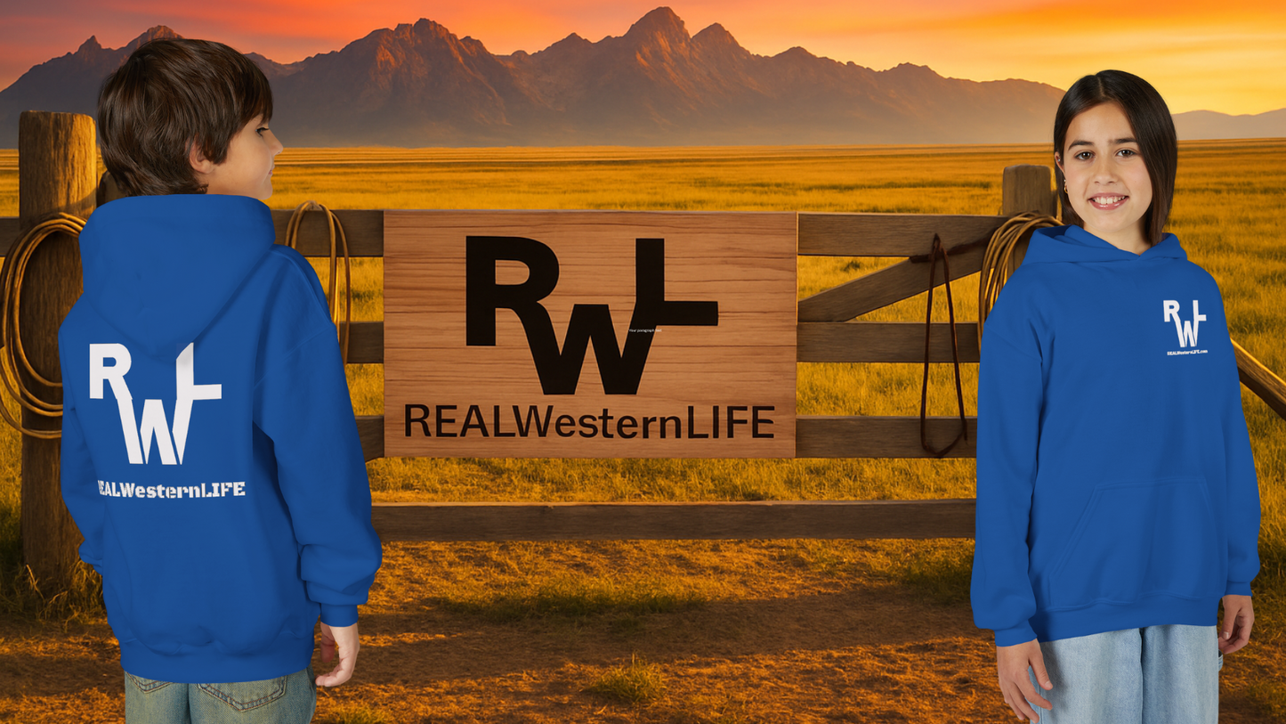 Kids Hooded Sweatshirt - Customize with your own Brand/Ranch name or wear Real Western Life Branding - White Brand - Size L - XL