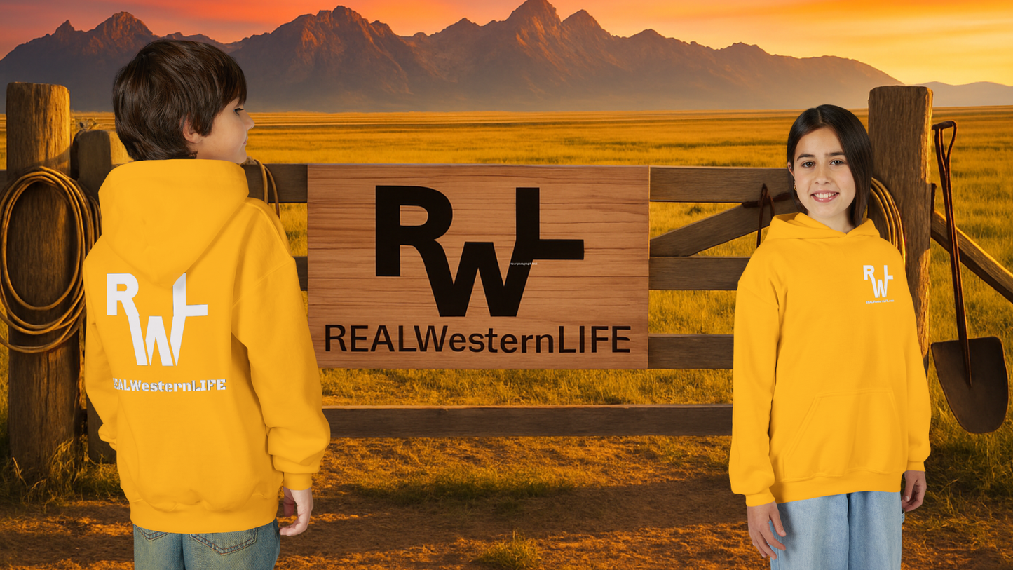 Kids Hooded Sweatshirt - Customize with your own Brand/Ranch name or wear Real Western Life Branding - White Brand - Size L - XL