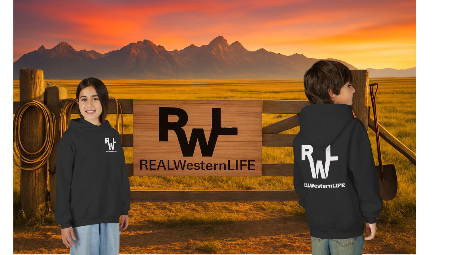 Kids Hooded Sweatshirt - Customize with your own Brand/Ranch name or wear Real Western Life Branding - White Brand - Size S - M
